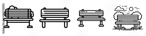 A park bench icon is depicted in a line style with a color scheme of white and black, available from a collection for use in web, mobile apps, and UI design