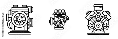 The engine icon is represented by a thin black outline symbol in a modern illustration on a transparent background with editable stroke