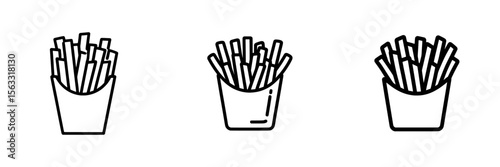 The design of french fries line icon is represented by a thin black outline symbol in a modern illustration with an editable stroke on a transparent background