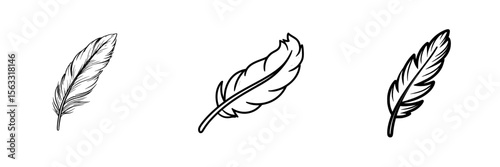 A modern flat illustration of a feather icon with an editable stroke outline is isolated on a white background