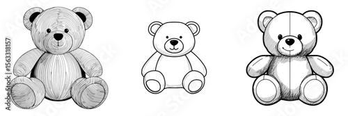 The modern illustration features a soft toy bear rendered in a single line drawing with a continuous line