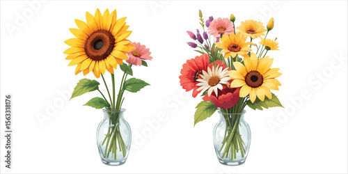 Vector art of sunflowers and assorted flowers in vases isolated on white background