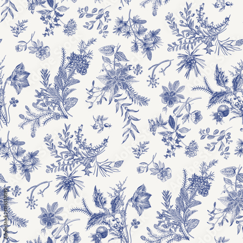 Seamless christmas pattern. Winter flora. Blue and white
