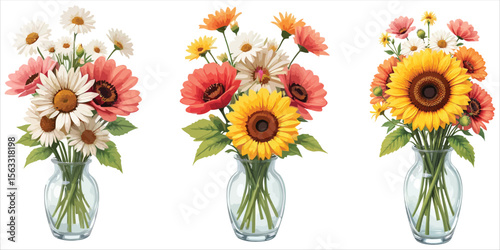 Set of 3 glass vase flower arrangements with sunflowers and gerbera daisies