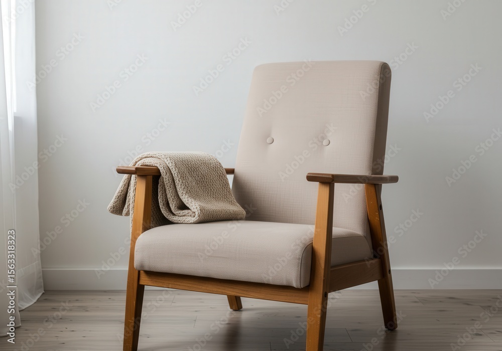 Fototapeta premium Cozy beige armchair with knitted blanket in minimalist living room