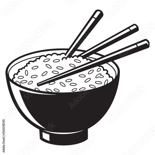 Black and white illustration of a bowl of rice with chopsticks ready for eating