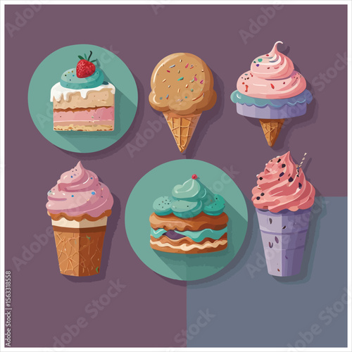 Vector art of a colorful collection of assorted ice cream desserts and cakes