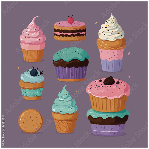 Vector art of a colorful set of assorted cupcakes and desserts on background