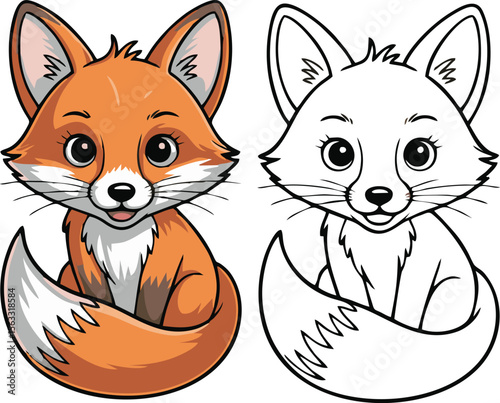 A cartoon illustration showing a colored fox and a black and white line art version of the same fox