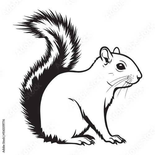 Black and white illustration of a squirrel in a sitting pose isolated on white background
