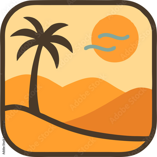 Minimalist Mirage Desert Logo Vector with Palm Tree and Sunset – Flat Retro Style