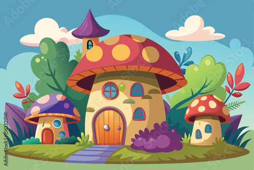 Enchanted Mushroom House A whimsical illustration of a fairytale home nestled amongst vibrant fungi and lush foliage