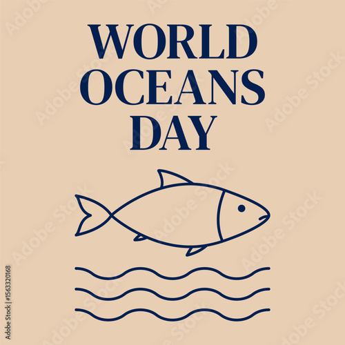 World Oceans Day with Fish Line Art on Beige Background
