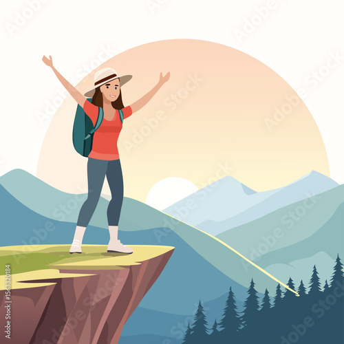 a solo female traveler standing on a cliff with arms raised, overlooking a scenic mountain valley at sunrise, wearing a hat and a backpack, travel freedom concept