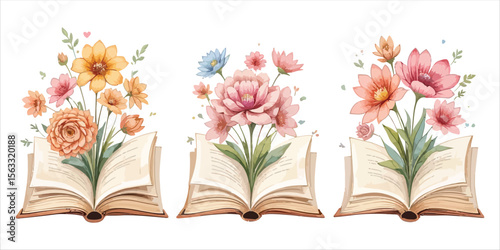 Vector art of three open books with colorful floral bouquets isolated on white background