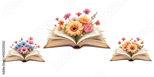 Vector art of colorful flowers bloom from open books isolated on white background