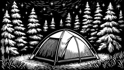 camping tent under pine trees and stars, perfect for travel posters, outdoor gear branding or adventure stories a black and white line art illustration