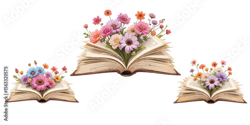 Vector art of colorful flowers bloom from open books isolated on white background