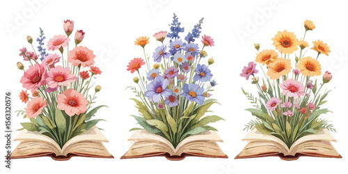 Vector art of colorful floral bouquets bloom from open books isolated on white
