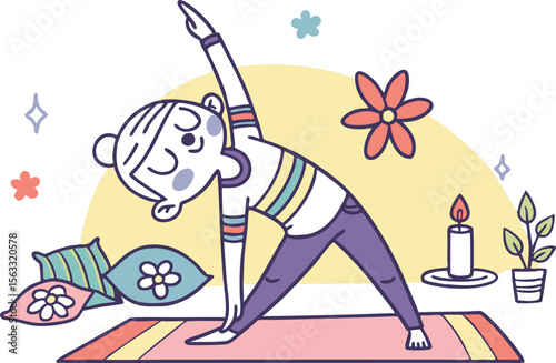 People Practicing Mindfulness and Yoga in Calm Natural and Indoor Settings. Mindfulness and Yoga Scene Showing People Meditating and Doing Poses. Flat Style Illustration of People Practicing Yoga