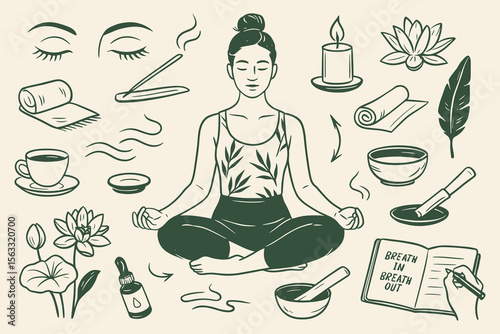 Woman practicing meditation with relaxation elements in monochromatic line drawing aesthetic scene