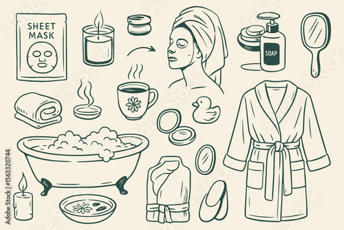 Sketched spa essentials with bathtub candles and beauty treatments for relaxation time
