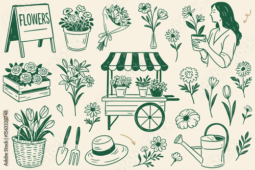 Elegant Line Art Flower Collection with Florist Cart and Gardening Elements Aesthetic Floral Designs