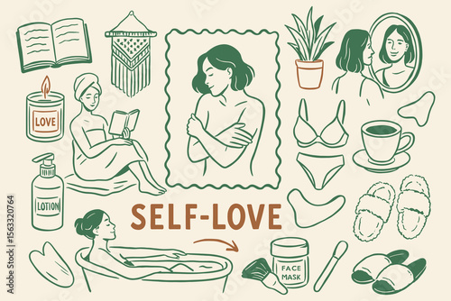 Doodle art self love illustrations embracing relaxation wellness and self care moments for pampering