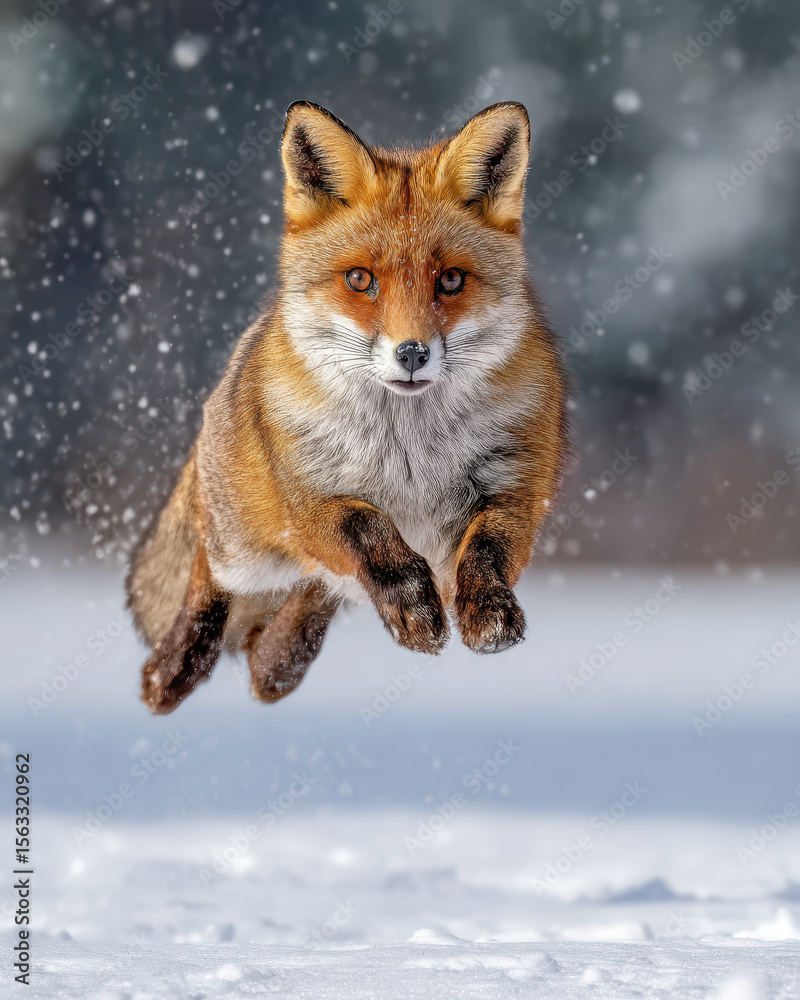 Obraz premium Fox Jumping High in Snowy Landscape