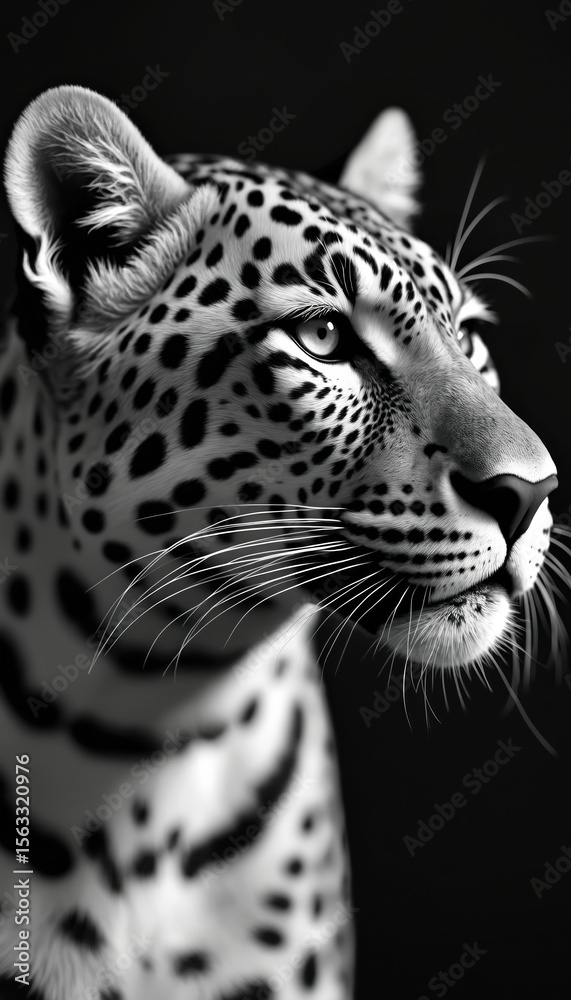 Obraz premium Close-up black white leopard portrait on dark background. Animal shows spotted fur detail. Big cat predator with sharp eyes. Wildlife scene, perfect print design, graphic.