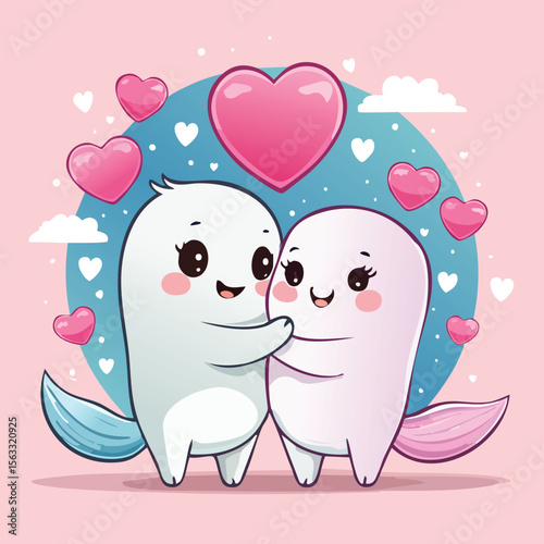 A kawaii-style vector of two best friends hugging, with heart-shaped speech bubbles, pastel background, big eyes, round faces, soft color palette