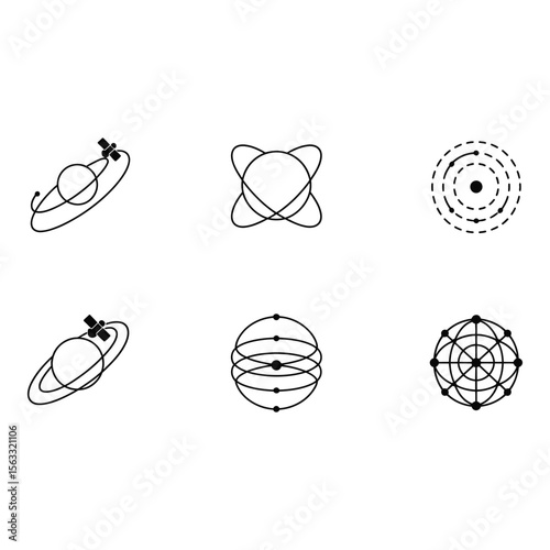 Abstract Minimalist Satellite Orbiting Planet Icons Global Network Technology Space Exploration Communication Connectivity Modern Design Vector Graphics