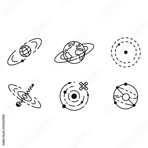 Abstract Planetary Orbits Minimalist Line Art Icons Set Modern Design Space Exploration Theme