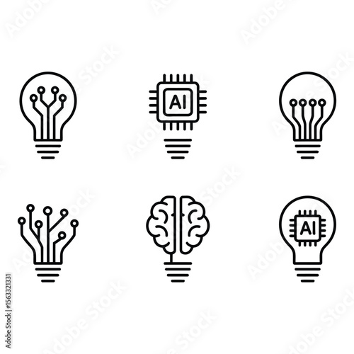 AI Innovation Six Modern Line Icons Representing Artificial Intelligence Technology and Ideas