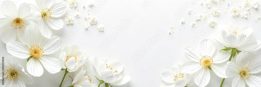 Obraz premium Elegant white background adorned with delicate white flowers, perfect for wedding invitations, blogs, or feminine branding Subtle texture adds visual interest , summer, floral