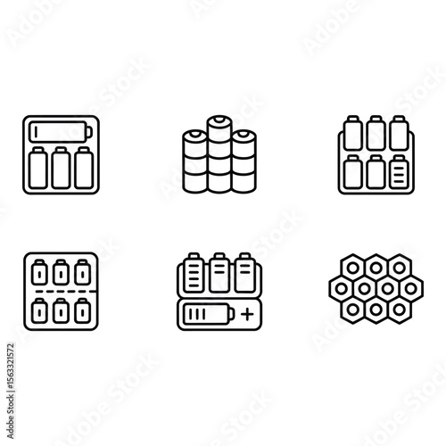 Battery Icon Set Line Art Energy Storage Power Source Minimalist Design Clean Style Vector Graphics