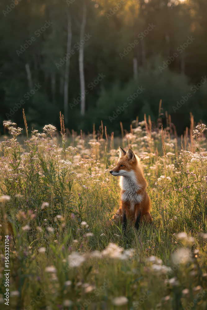 Fototapeta premium Fox Sitting in Wildflower Field Near Forest