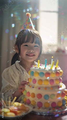 girl with birthday cake, festive video of asian girl blowing out candles on big tiered cake, sweet cake