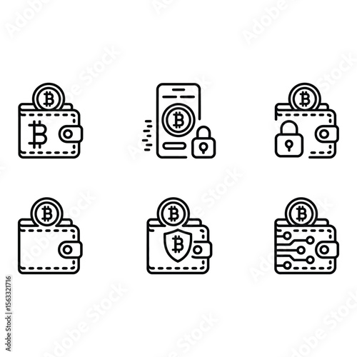 Bitcoin Wallet Icons Secure Cryptocurrency Payment Mobile App and Blockchain Technology Line Art Graphics