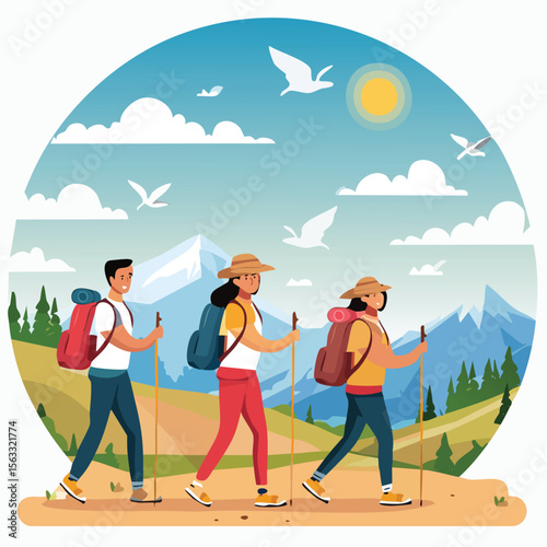A group of friends hiking on a mountain trail, backpacks and scenic nature background