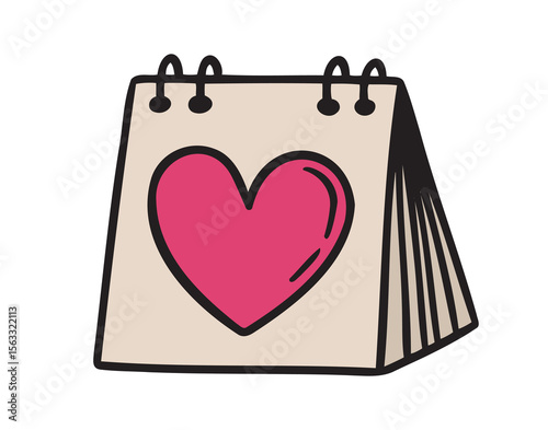 Flip up desk calendar big pink heart, day of meeting, love day, date doodle hand drawn icon. colorful cartoon line drawing clipart symbol
