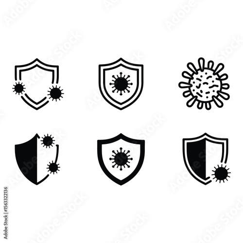 Black and white vector icons virus protection shield symbols immunity concept healthcare graphics safety design elements