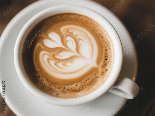 Top view of a hot cappuccino with beautiful heart-shaped latte art in a white ceramic cup on a saucer, placed on a wooden table, highlighting the creamy texture and coffee foam ideal for cafe ambiance