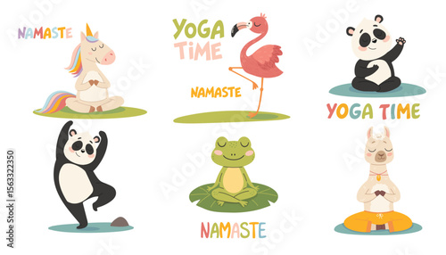 Vector collection of cute cartoon animals in lotus pose. Animals in lotus pose meditating, yoga lettering. Vector illustration isolated on white background.