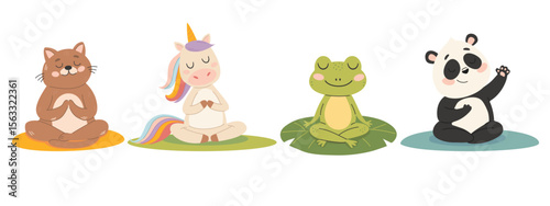 Vector collection of cute cartoon animals in lotus pose. Animals in lotus pose meditating, yoga lettering. Vector illustration isolated on white background.
