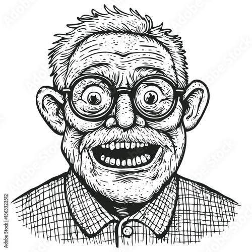 Funny portrait of a senior man with a crazy smile and glasses. Hand-drawn vector illustration in a retro comic book or engraving art style.