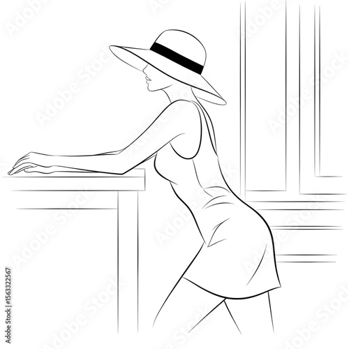 Stylish girl leaning on table with both hands wearing cap – minimalist line art