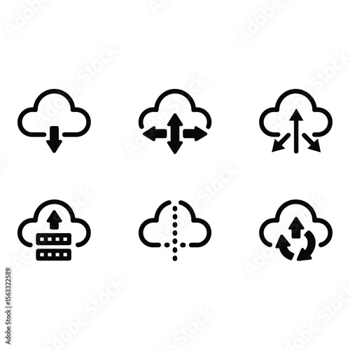 Cloud Computing Icons Download Upload Sync Share Network Data Transfer Server Minimalist Bold Black Glyph Set