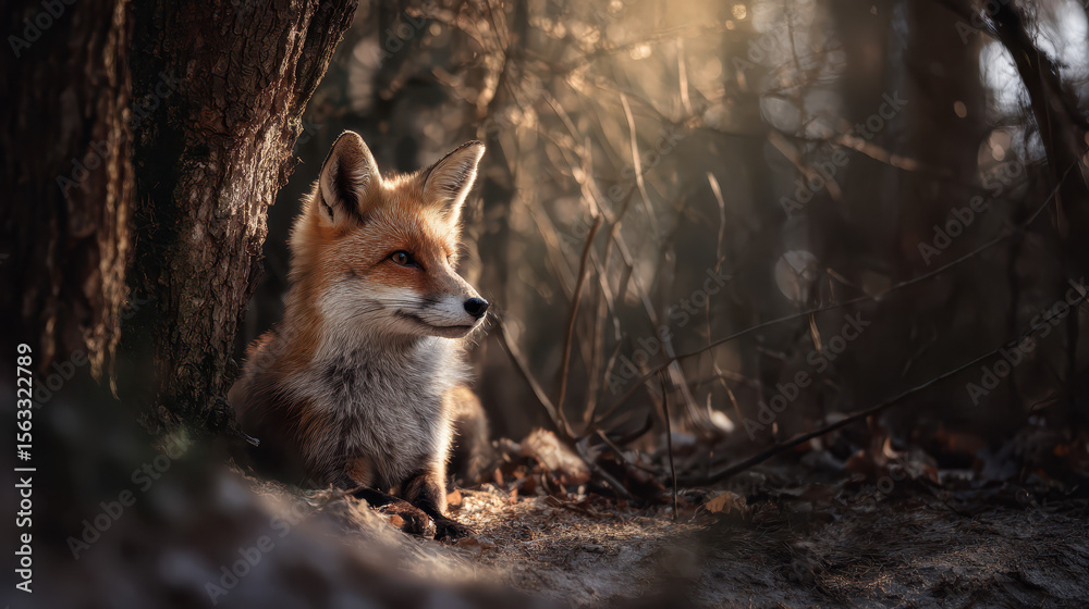 Naklejka premium Fox under tree canopy with patchy sunlight spots