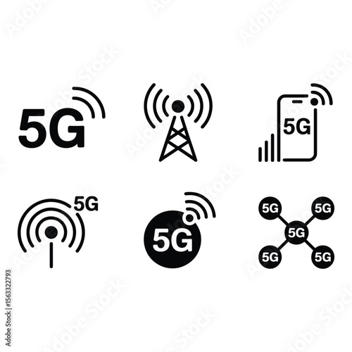 Collection of Bold Black 5G Network Icons Mobile Tower Signal and Connection Graphics